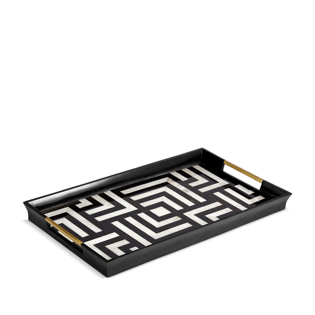 Large Dédale Rectangular Tray in Black and White - Geometric Patterns with Ornate Detailed Handles - Bold Craftmanship