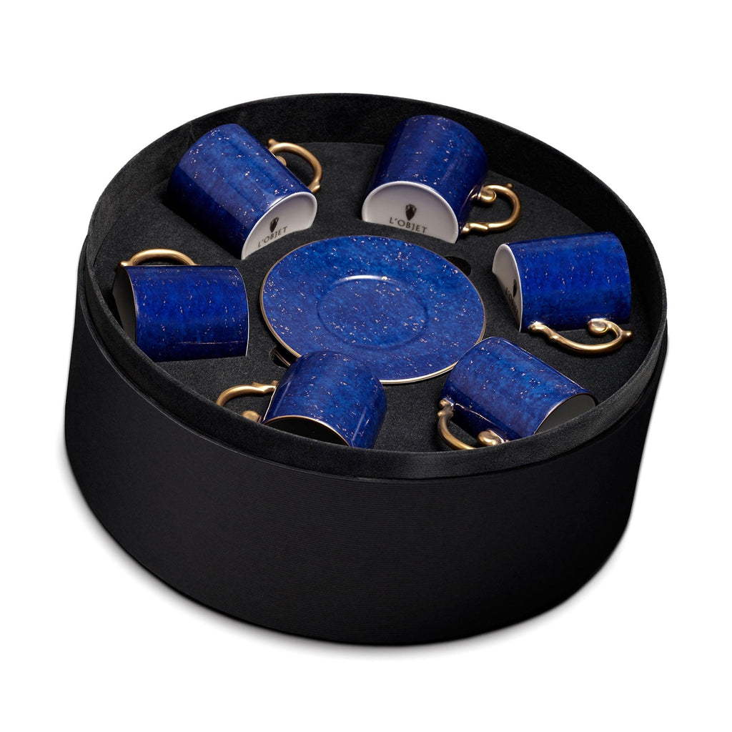Set of 6 Lapis Espresso Cups and Saucers in Blue - A Nod to the Depth of Tones in the Night Sky - Hand-Gilded and Adorned with 24K Gold Accents