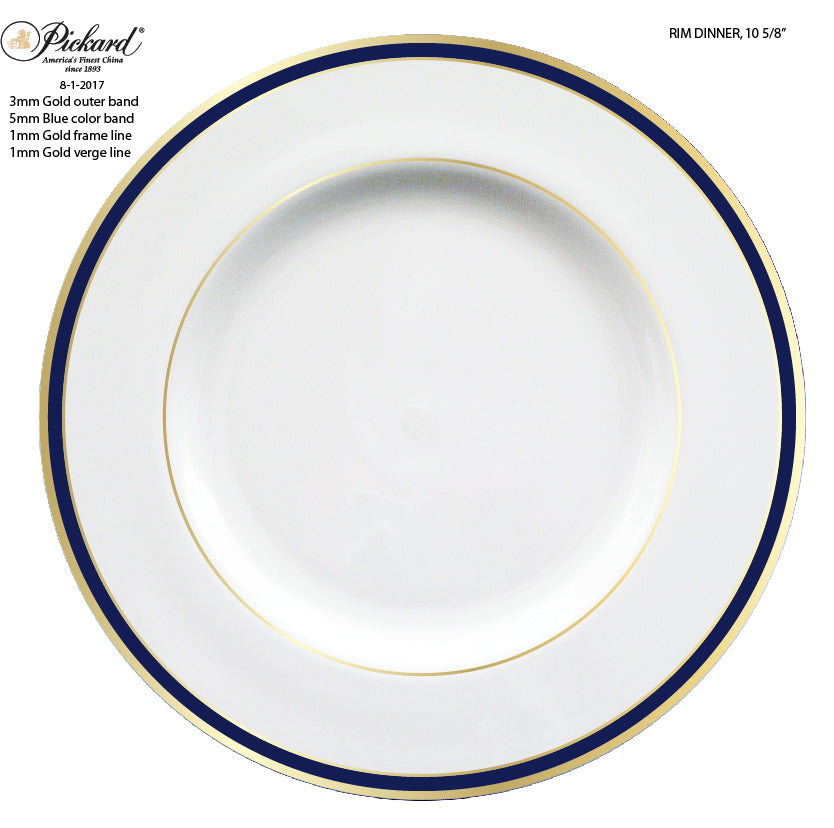 Pickard Signature Ultra White Dinner Plate with Cobalt/Gold Rim